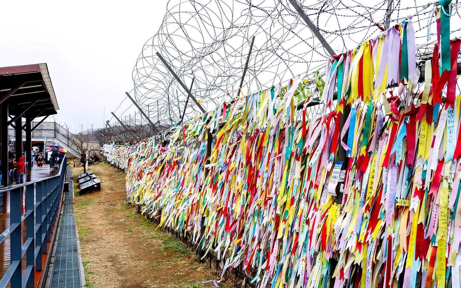 Peace ribbons tied along the barbed-wire fence at Imjingak