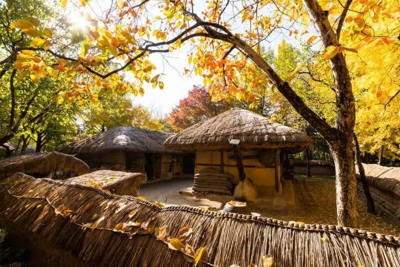 Thatched farmhouse and courtyard glowing under autumn leaves at the Korean Folk Village