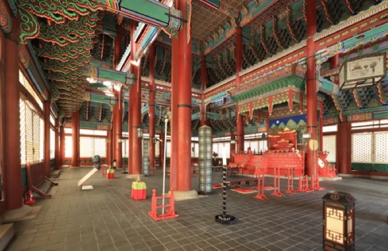Interior of Geunjeongjeon at Gyeongbokgung Palace showing the royal throne and painted red pillars