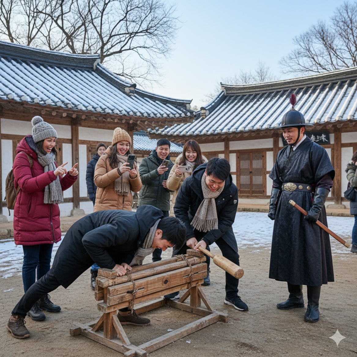 Korean Folk Village experience with traditional activities and winter hanok scenery