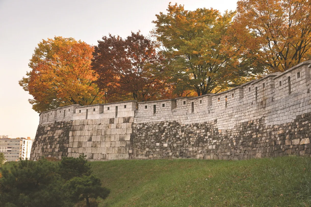 Seoul City Wall curving beneath mature trees in full autumn colour
