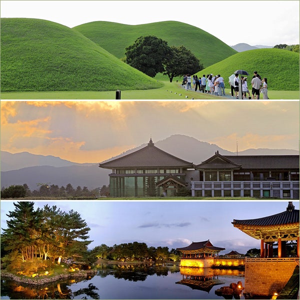 Gyeongju heritage scenes showing royal tombs, a museum and an illuminated palace pond