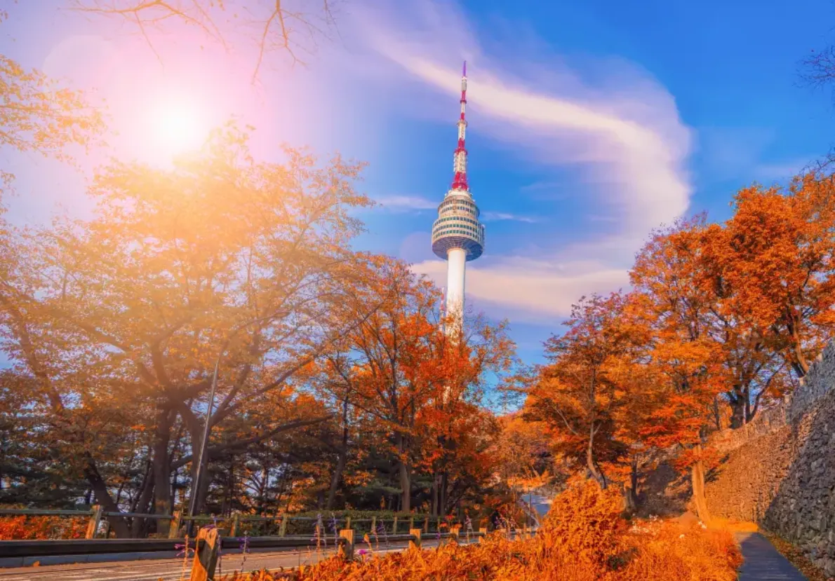 N Seoul Tower rising above brilliant autumn foliage beside a historic stone wall