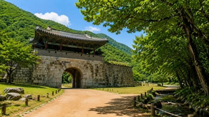 Juheulgwan, the first gate at Mungyeong Saejae, standing above a tree-lined path in summer