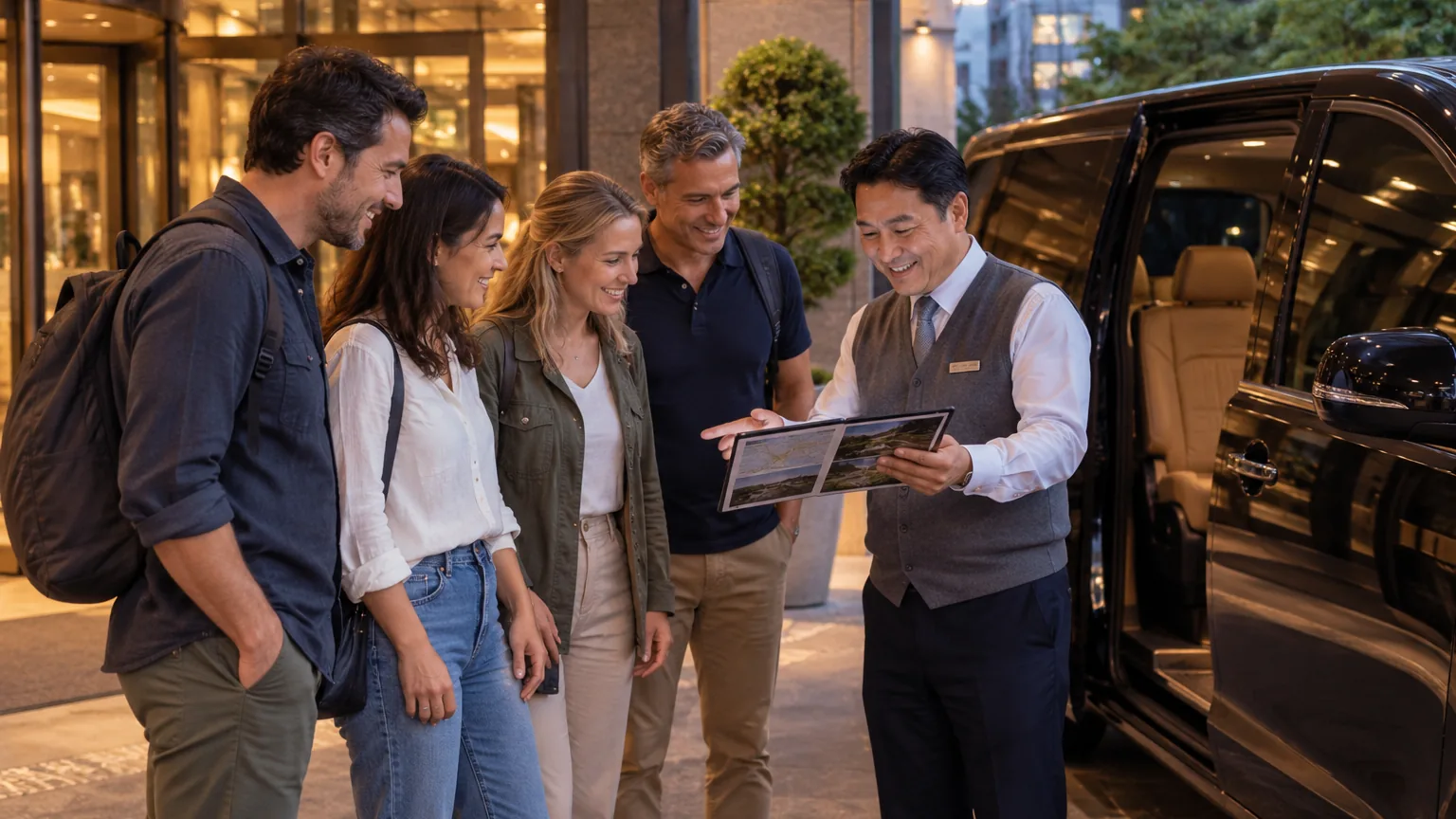 Uniformed driver shows a Seoul guide to four guests beside the open sliding door of a black private van at a hotel entrance in the evening
