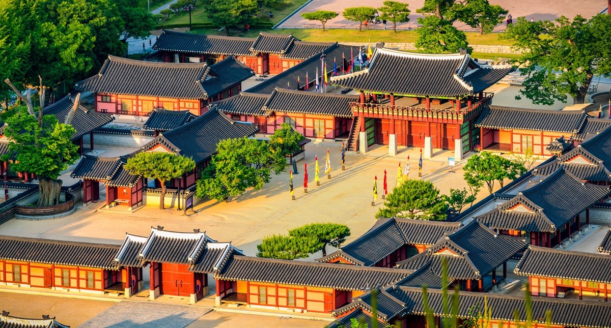 Aerial view of the traditional houses and gate at the Korean Folk Village