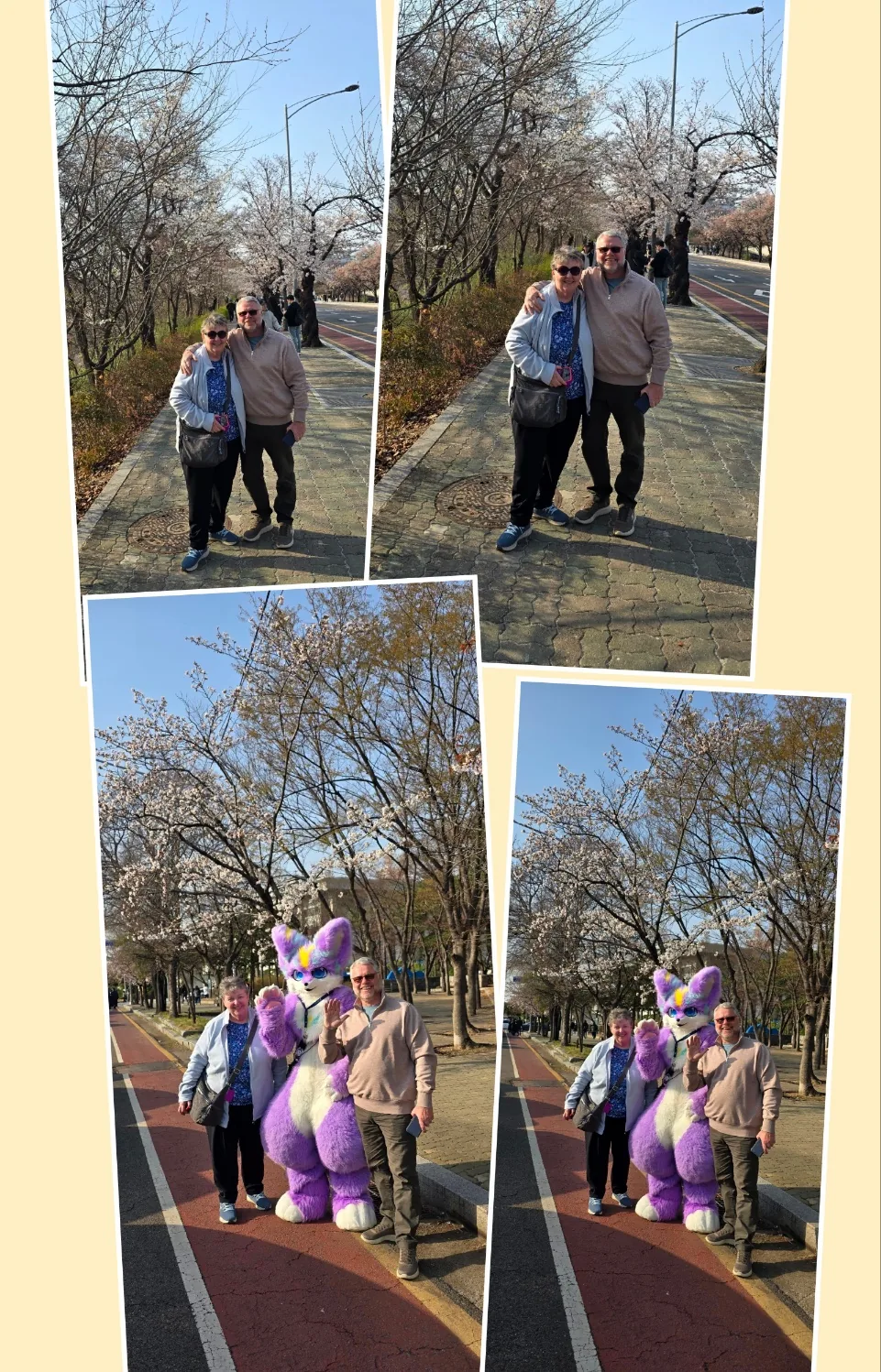 Four-photo collage of travelers walking outdoors and posing beside colorful sculptures among spring trees