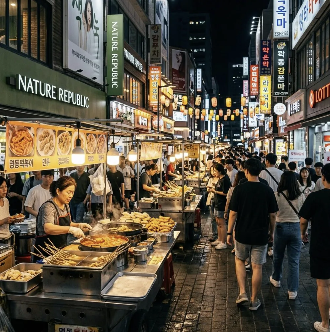 Tteokbokki, fish cake skewers and fried snacks at a Myeongdong street-food stall in Seoul