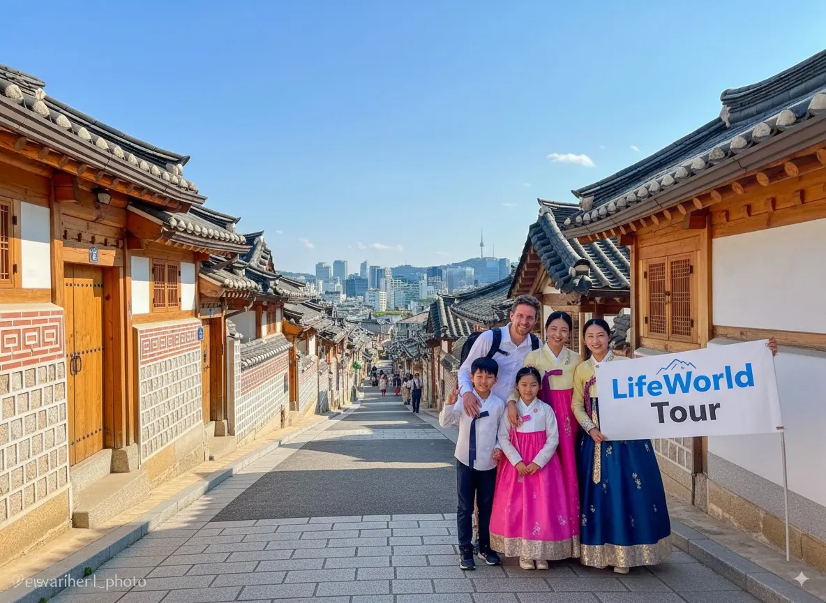 Family visiting traditional Bukchon hanok streets during a private Seoul tour