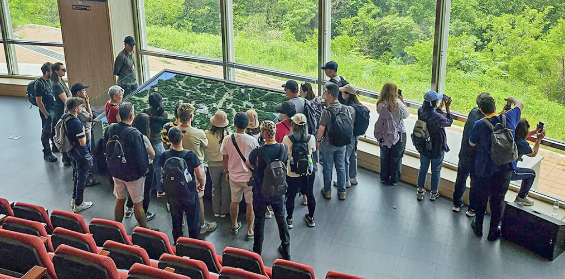 Visitantes reunidos alrededor de una maqueta del terreno en el salón acristalado de información del observatorio de la DMZ