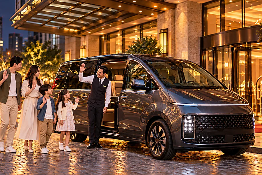 Private van parked at a hotel entrance at night as a family waves goodbye after a tour