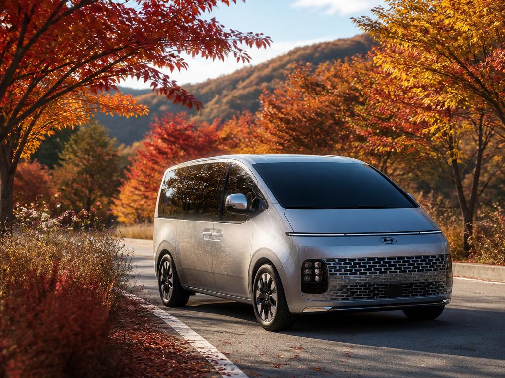 Private Hyundai Staria van on an autumn tree-lined road in Korea