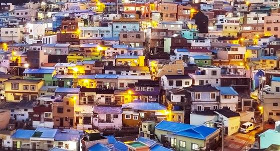 Colourful hillside homes of Gamcheon Culture Village illuminated at dusk