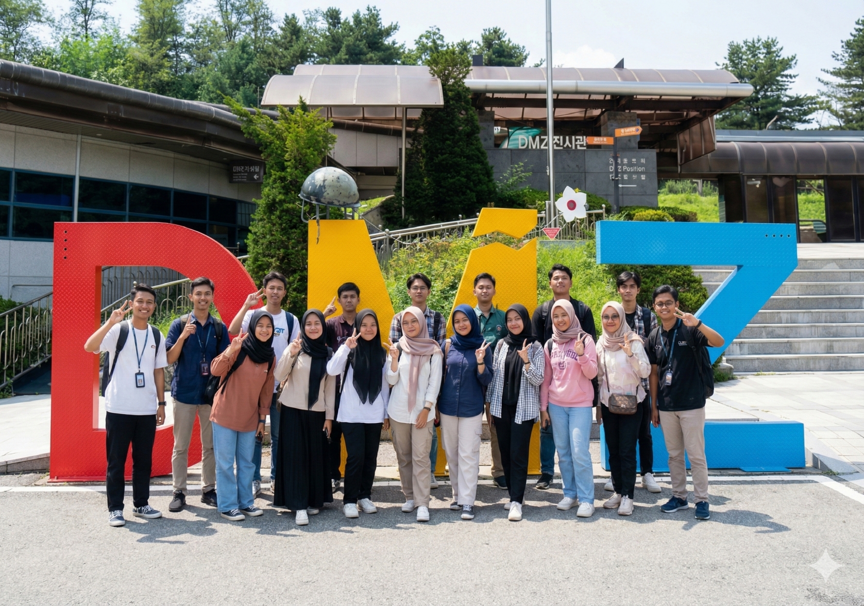 Group photo in front of the colourful DMZ sign at the DMZ Exhibition Hall