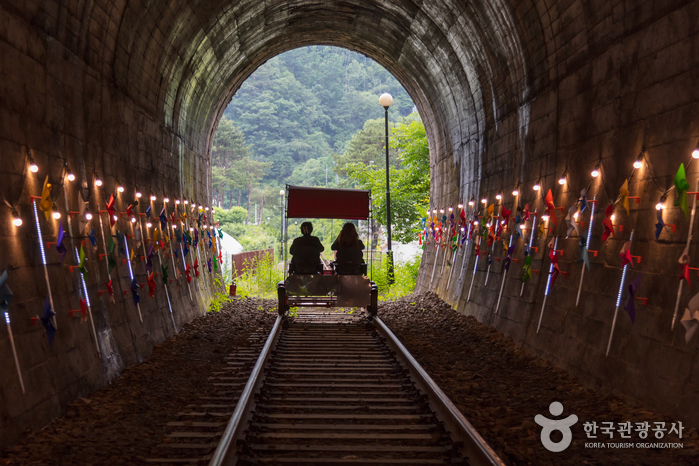 Two guests riding a railbike through a decorated railway tunnel near Kim You-jeong Station