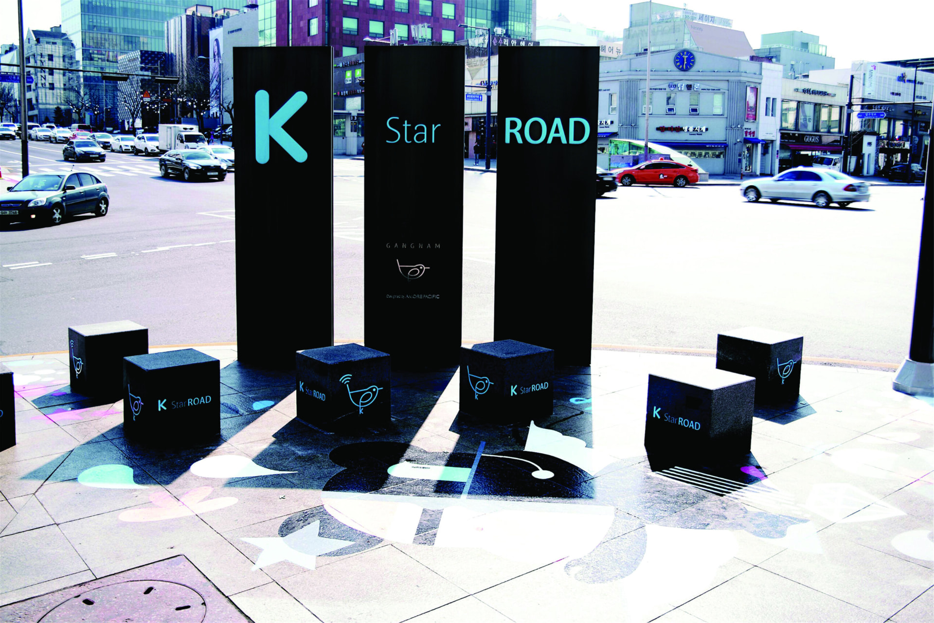 K-Star Road signage and GangnamDol seats in Gangnam, Seoul