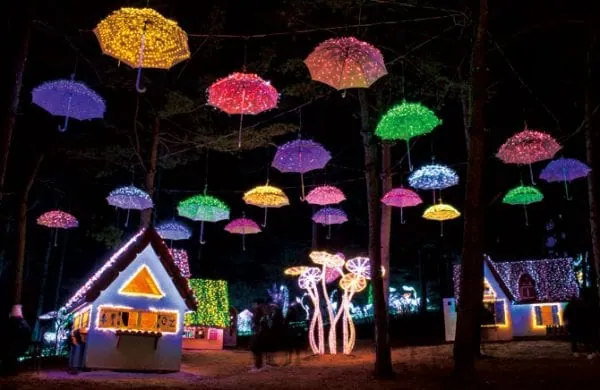 Colourful illuminated umbrellas suspended above a night path at the Garden of Morning Calm