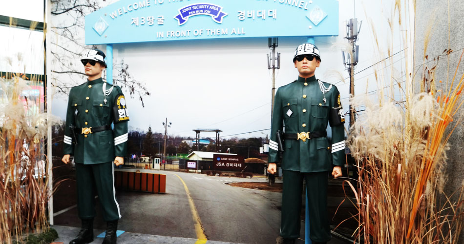 Honour guards standing at the Third Tunnel entrance gate near the Joint Security Area