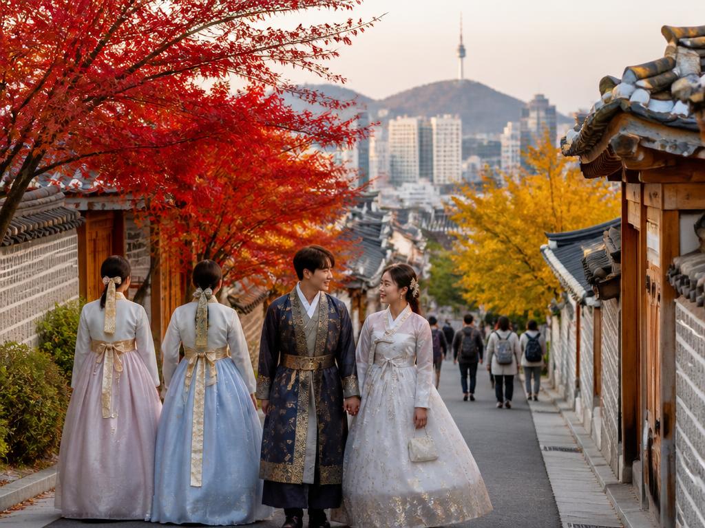 People in modern Korean hanbok walking through autumn Seoul