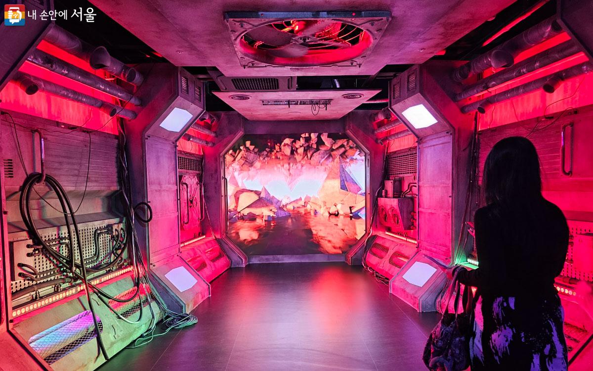 Neon-lit immersive media art room inside HiKR Ground in central Seoul