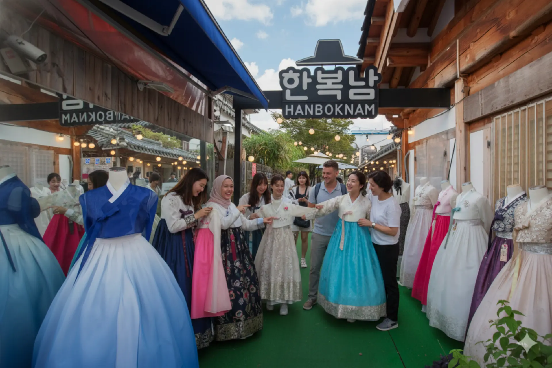 International visitors choosing colourful hanbok at a traditional Korean clothing rental shop