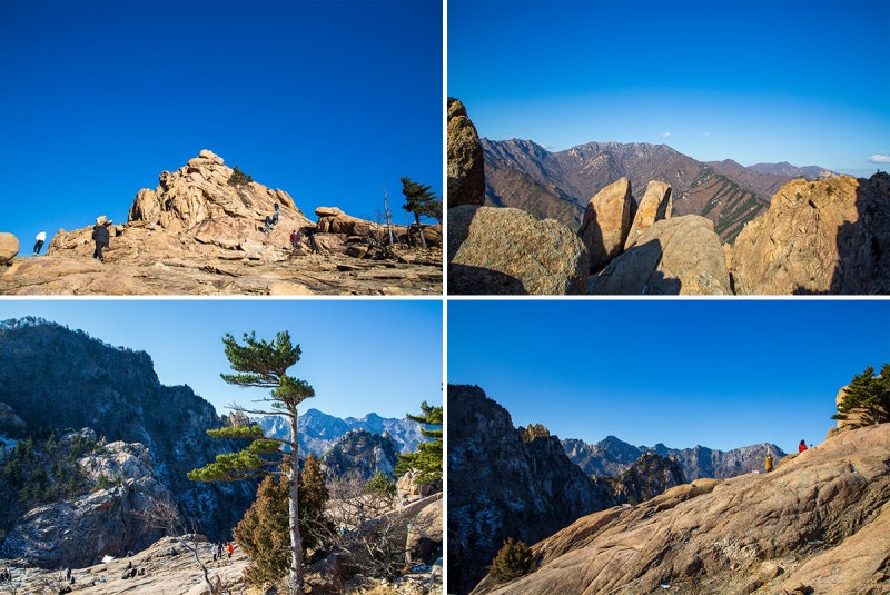 Four views of the rocky Gwongeumseong ridge and mountain panorama in Seoraksan National Park
