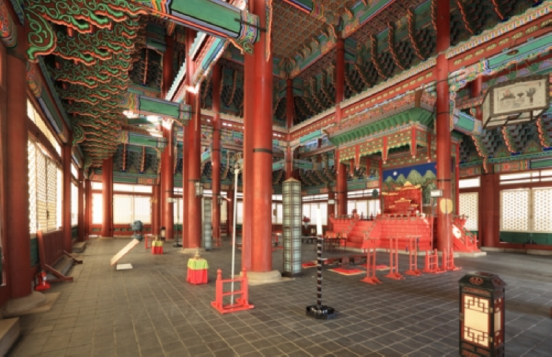 Interior of Geunjeongjeon at Gyeongbokgung Palace showing the royal throne and painted red pillars