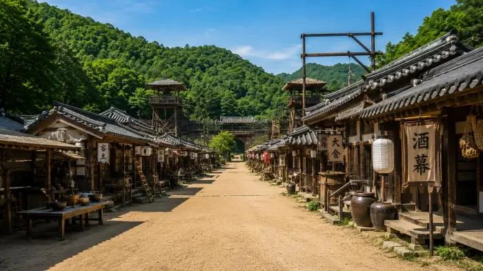 Recreated historical market street with wooden storefronts and tiled roofs at Mungyeongsaejae Open Set