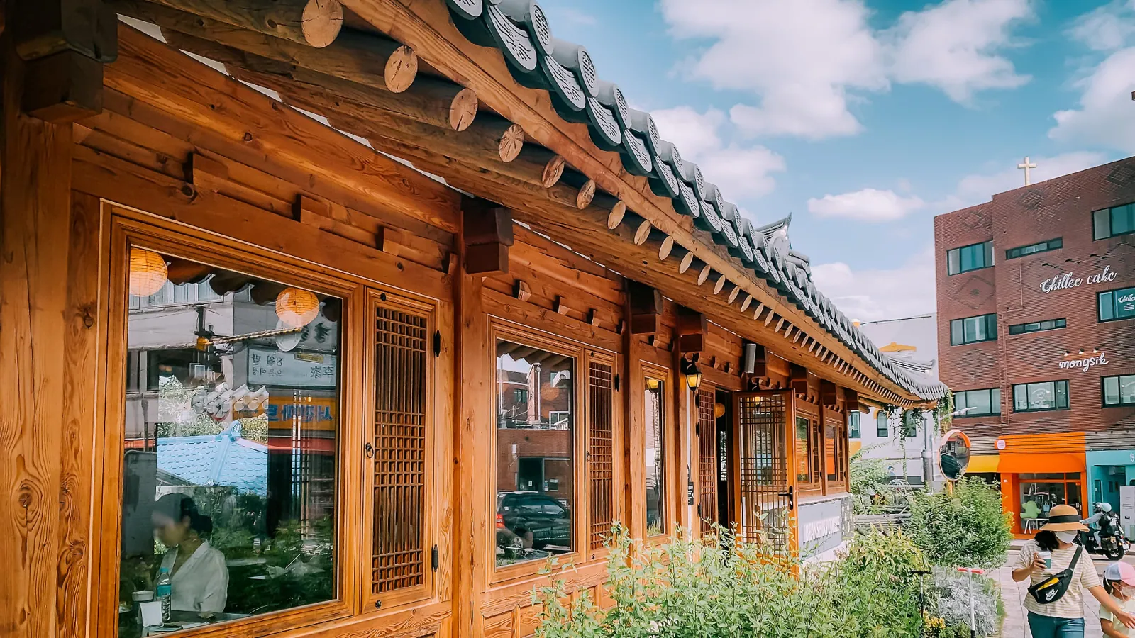 Wooden hanok café on the streets below Hwaseong Fortress