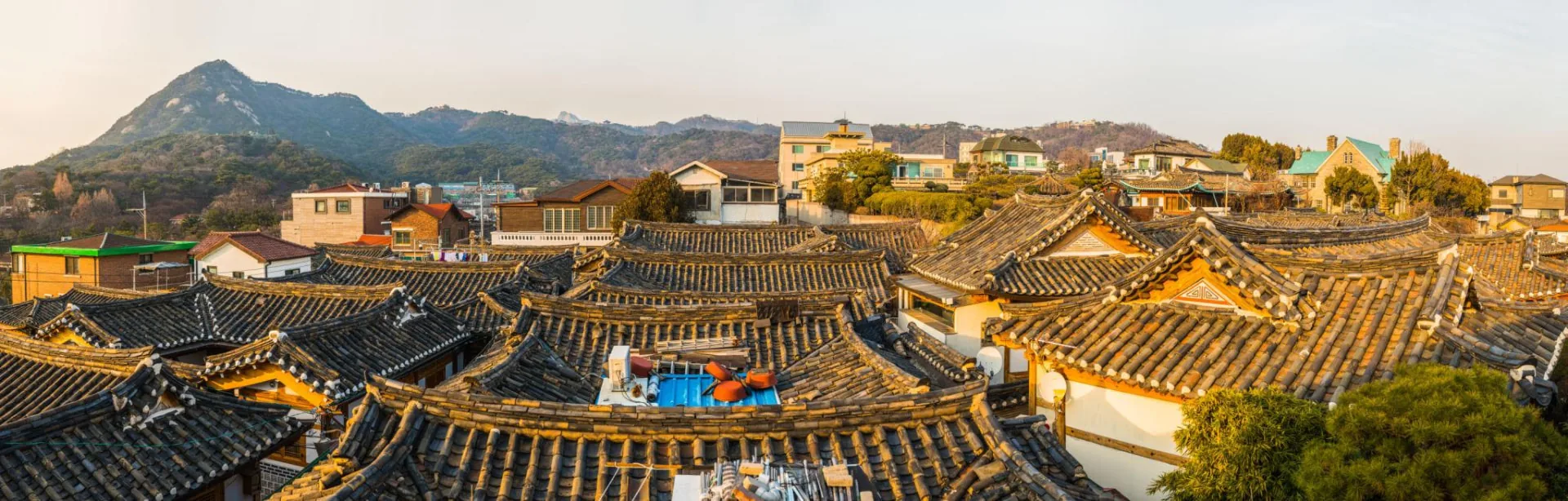 Wide view across dense Bukchon hanok rooftops with the rocky slopes of Inwangsan rising in low afternoon sun