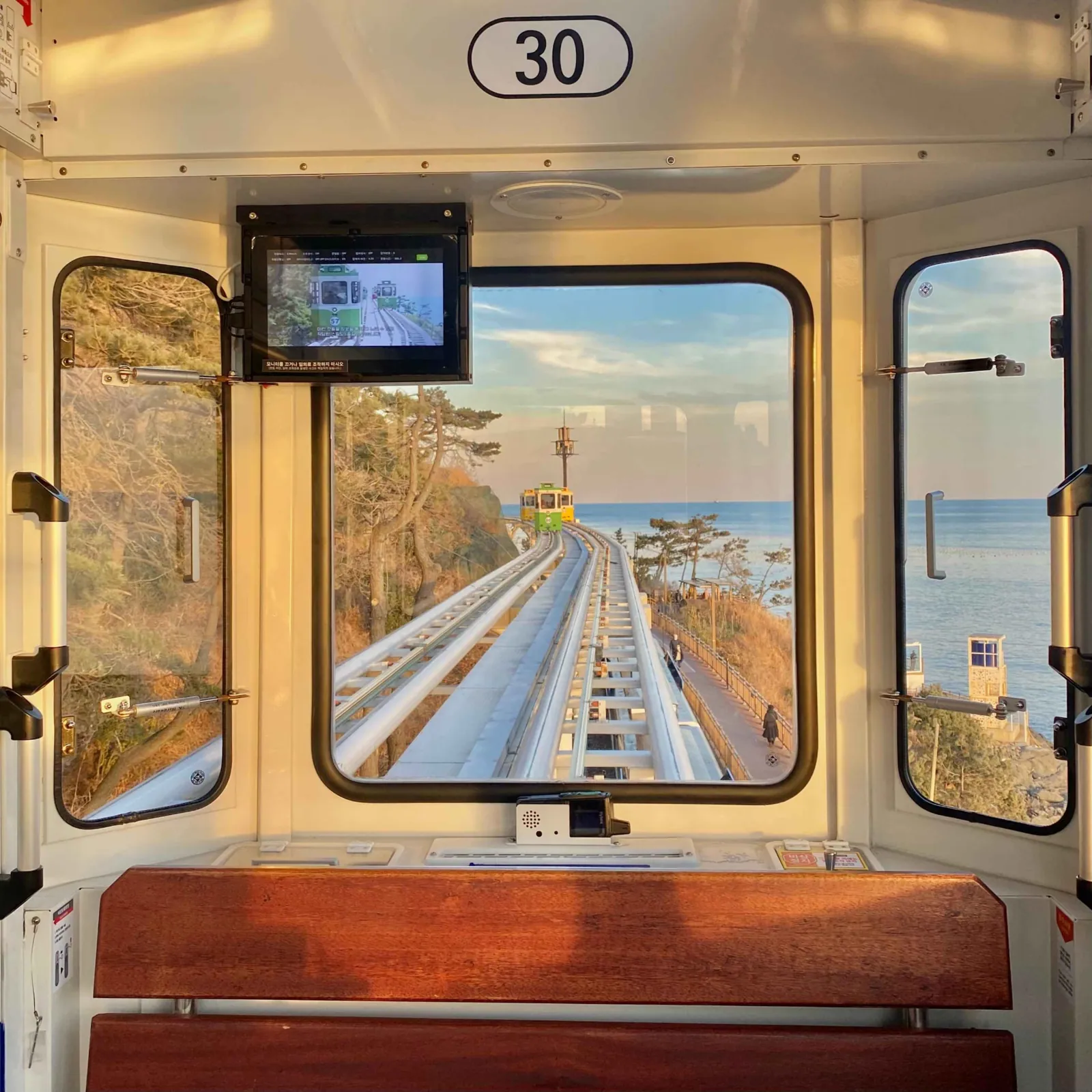 Sea view from inside a Haeundae Blueline Park sky capsule train carriage