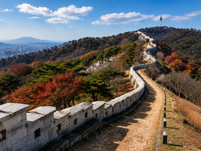 Historic Seoul City Wall winding through autumn foliage toward N Seoul Tower