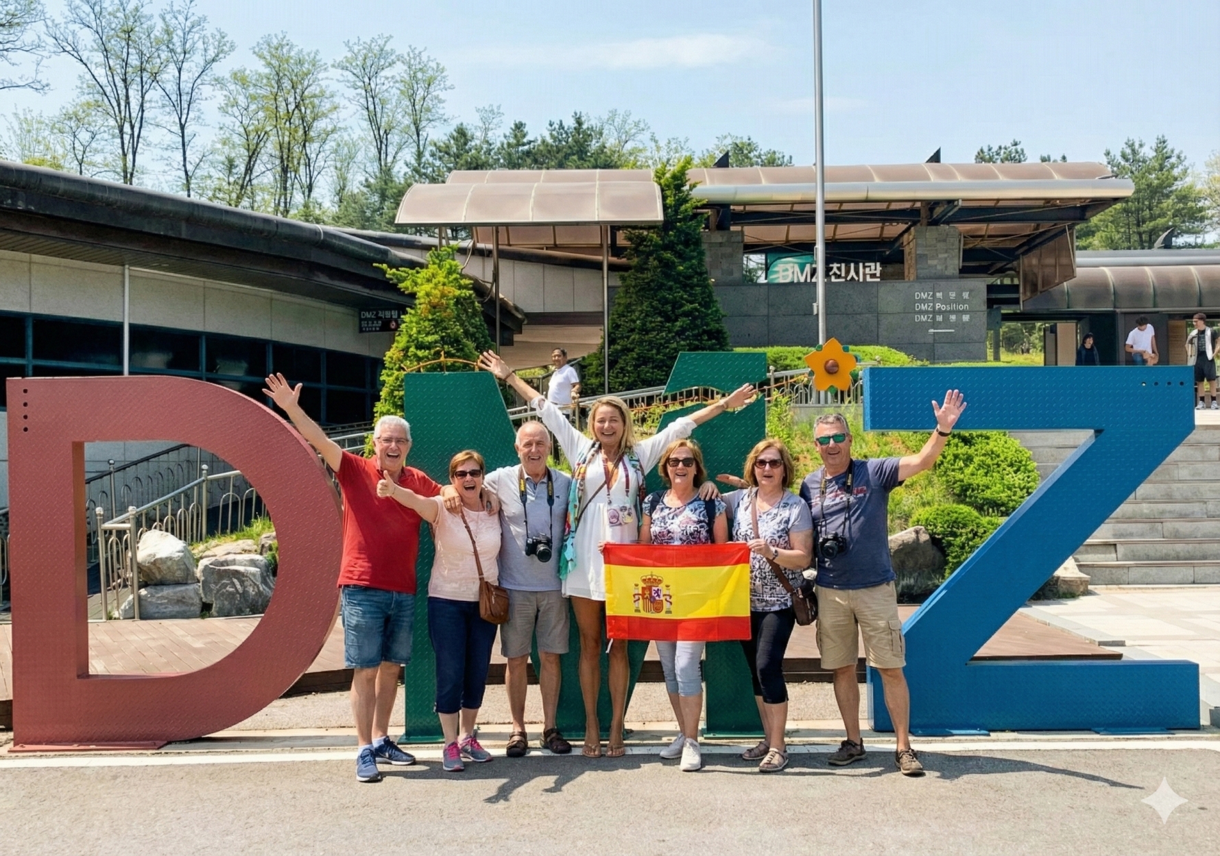 Travelers celebrating in front of the DMZ sign at the DMZ Peace Road visitor center