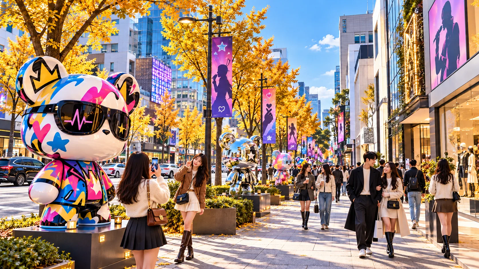 Colourful K-pop character statues and autumn ginkgo trees along Gangnam's K-pop culture street in Seoul