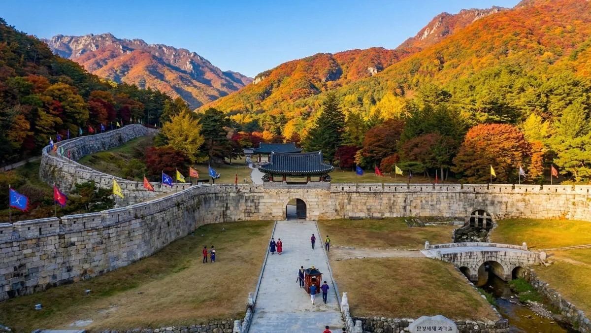 Visitors approaching a stone gateway beneath vivid autumn foliage and mountain peaks at Mungyeong Saejae