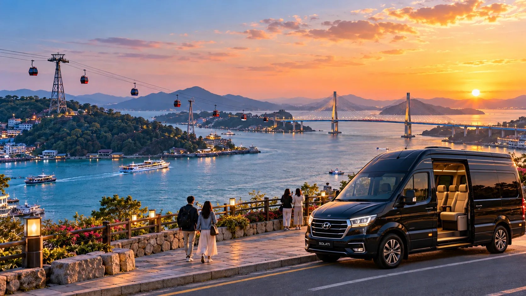 Sunset over Yeosu's cable car bay and harbour bridge with a private van parked on the waterfront promenade