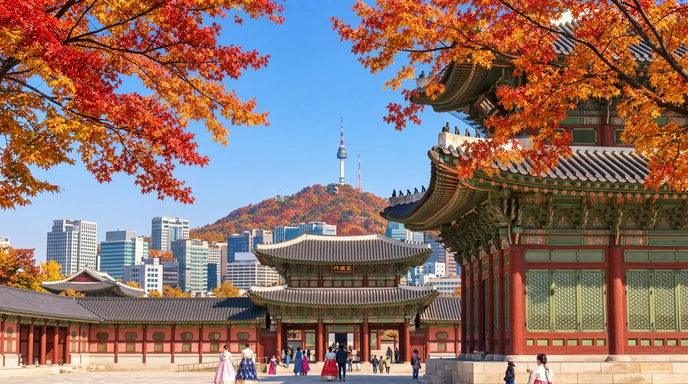 Red autumn maple branches frame a traditional Seoul palace gate with visitors in hanbok and N Seoul Tower on the wooded hill behind