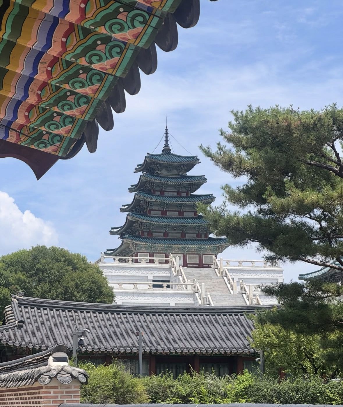 Pagoda of the National Folk Museum of Korea seen through the painted eaves of Gyeongbokgung Palace