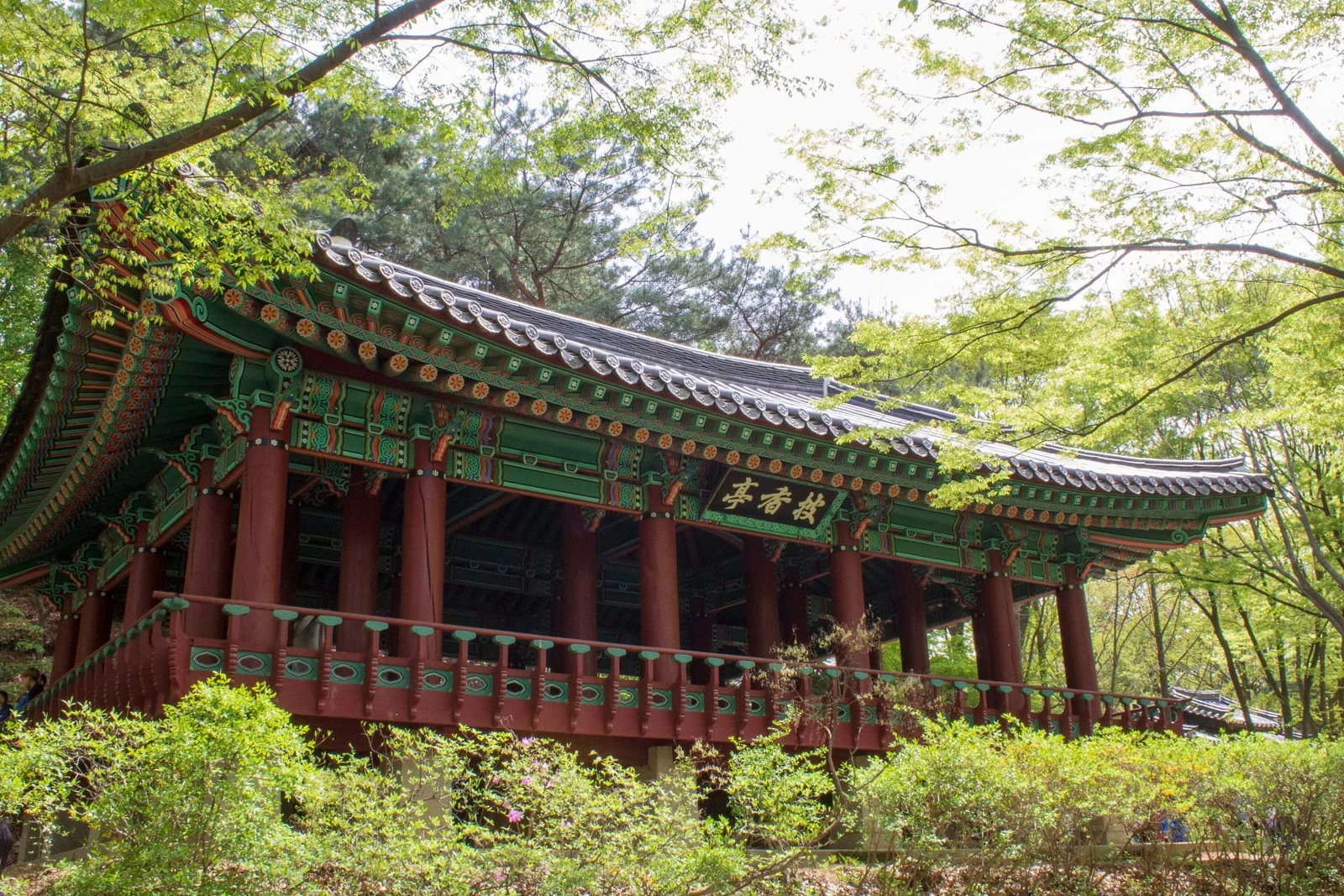 Painted wooden pavilion with red columns beneath green trees
