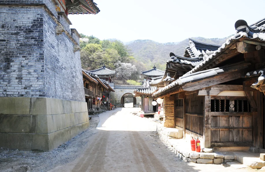 Historical drama street set with stone walls and traditional wooden houses at MBC Dae Jang Geum Park