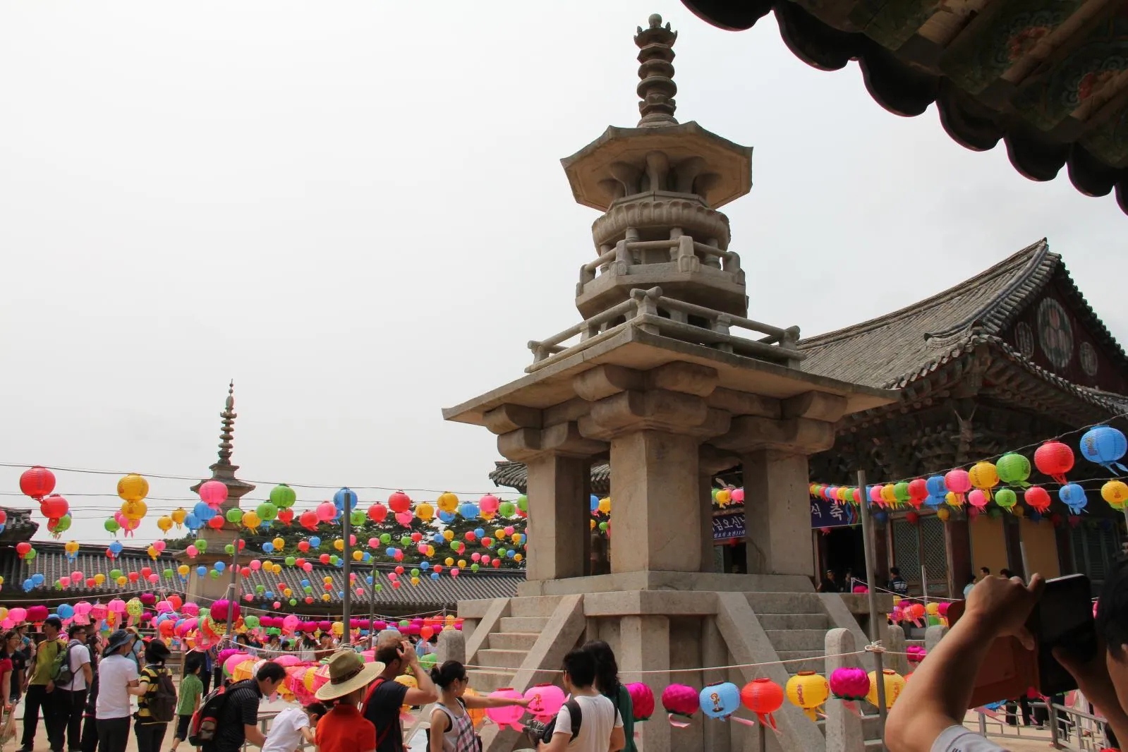 Dabotap Pagoda at Bulguksa Temple in Gyeongju, surrounded by colorful festival lanterns