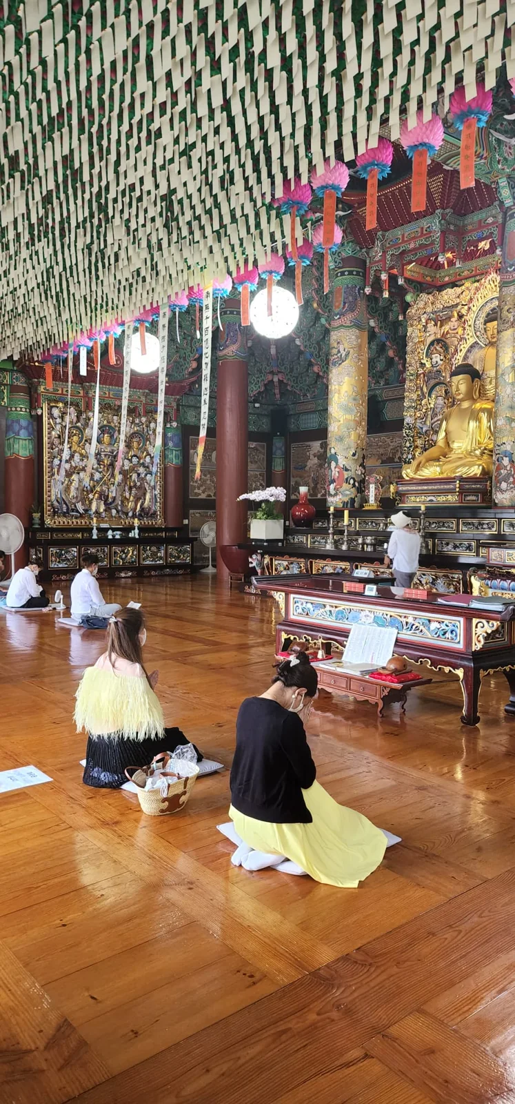 Travelers kneeling on the wooden floor of a Korean Buddhist temple hall beneath lotus lanterns, with gilded Buddha statues and colorful painted pillars
