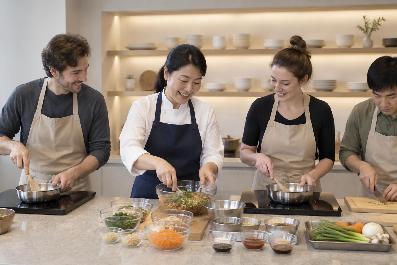 Korean cooking instructor guiding travelers at cooking stations