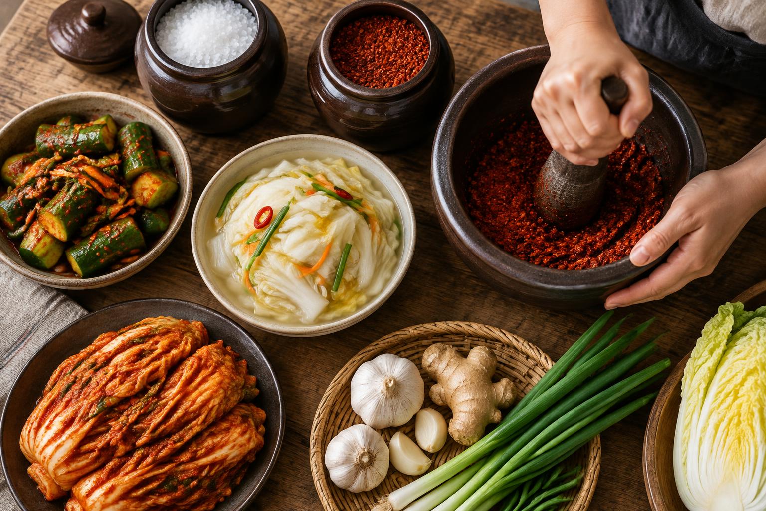 Seasonal Korean ingredients, chili flakes and kimchi on a wooden table