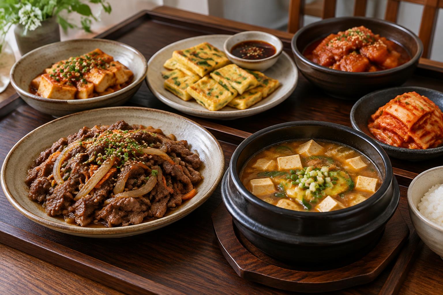 Korean home-style meal with bulgogi, stew, pancakes and kimchi