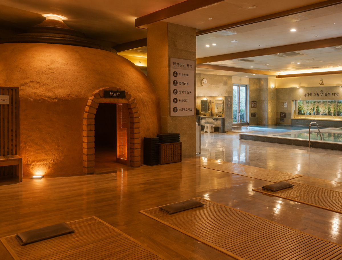 Ochre clay kiln sauna room inside a Korean jjimjilbang with warm lighting
